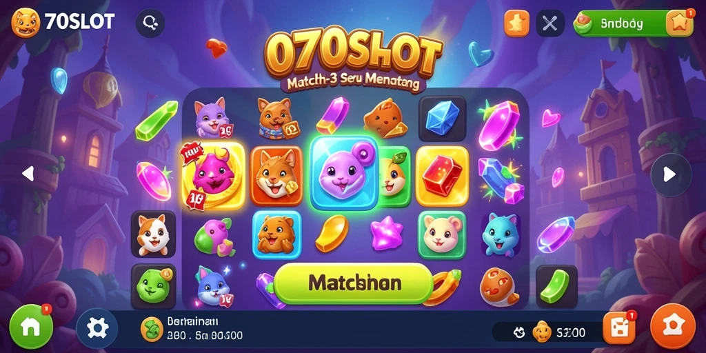 Gambaran gameplay Match-3 yang seru dan penuh warna di 070SLOT.