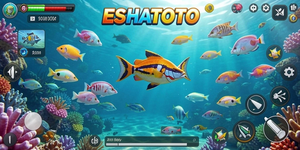 Tampilan screenshot ESHATOTO dengan aksi tembak ikan yang seru.