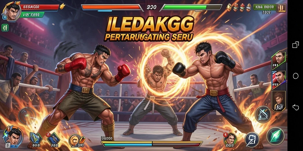 Tampilan layar pertarungan seru di LEDAKGG dengan karakter bertarung.