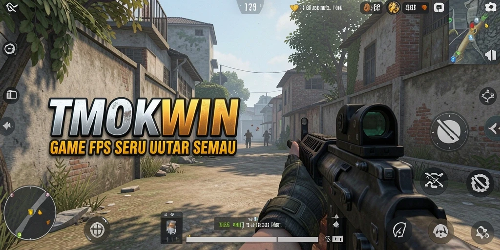 Screenshot utama TMOKWIN menampilkan aksi tembak-menembak yang seru.