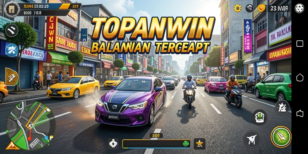 Screenshot gameplay TOPANWIN menampilkan aksi balapan yang mendebarkan dan mobil-mobil yang keren.